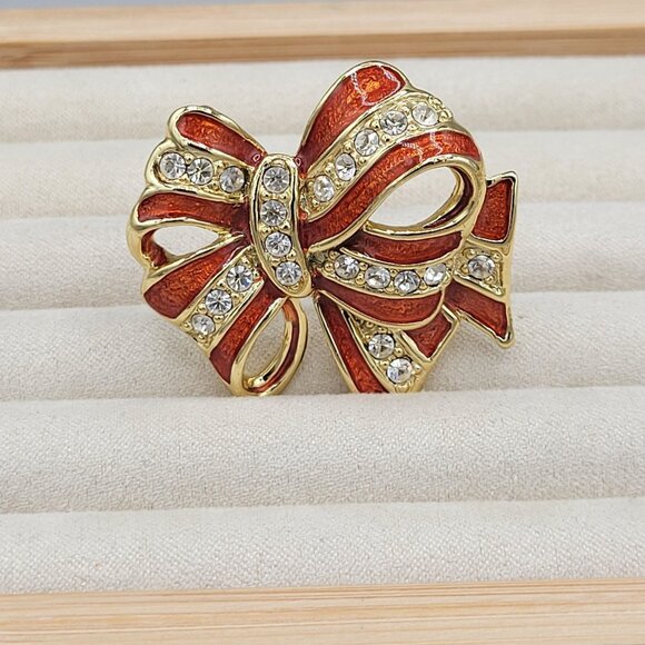 Danecraft Gold Tone Ribbon Bow Brooch Pin Red Enamel White Rhinestones Vtg - Picture 2 of 8
